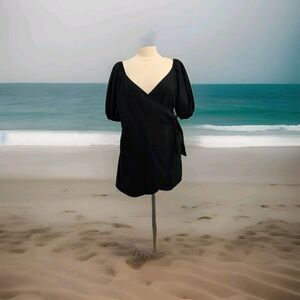 New Abercrombie & Fitch Linen Blend Faux Wrap Dress Puff Sleeve Large Petite LP